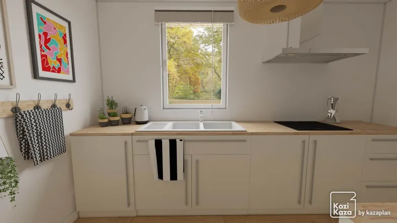 Idée cuisine en couloir au look classique blanche et bois 3D 2