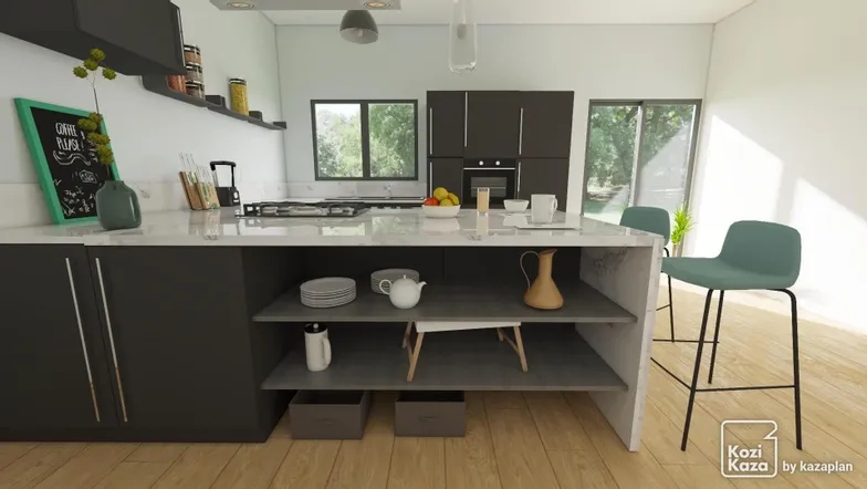 Idea for contemporary U-shaped kitchen black and marble 3D 2