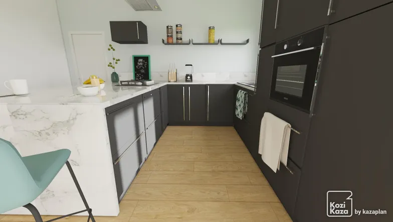 Idée cuisine en U noir et marbre contemporaine 3D 3