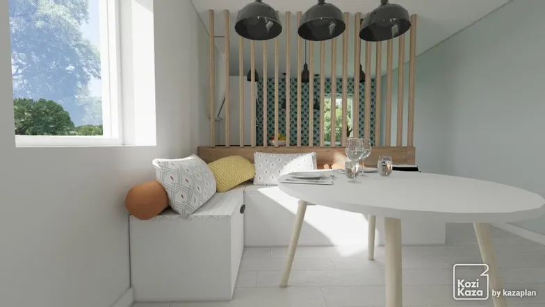 Idée cuisine en U blanche et bois scandinave 3D 2