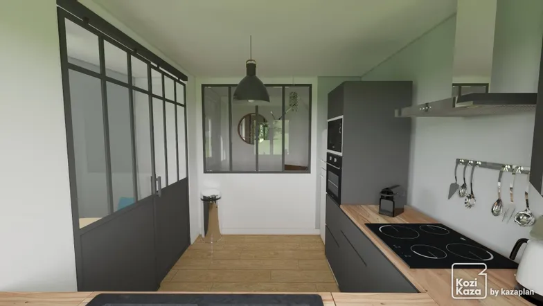 Idea for a kitchen in L with industrial workshop style 3D 3