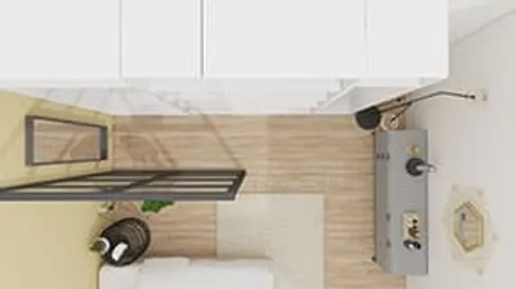 3D plan model of a modern L-shaped walk-in wardrobe with atelier window 