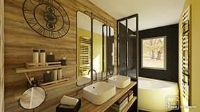 Example of modern black and wood bathroom 3D plan 