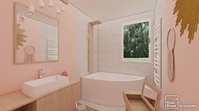 Example of pink bathroom 3D plan with a bath