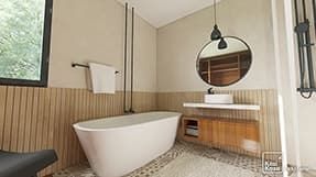 Example of a beige and wood bathroom 3D plan