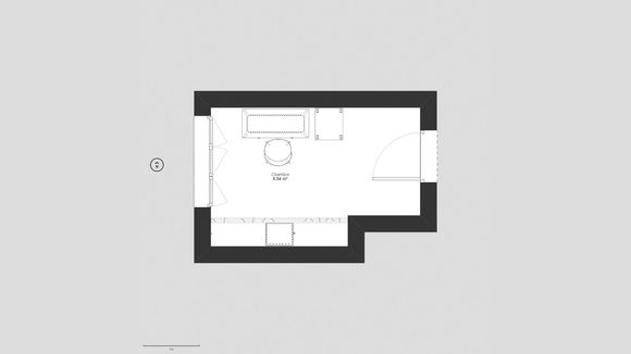 3D plan model of a small linear walk-in closet with curtains