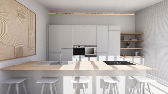 Example 3D plan of large grey and wood designer kitchen with island