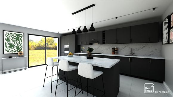 Exemple plan 3D de cuisine ouverte moderne blanche et noire