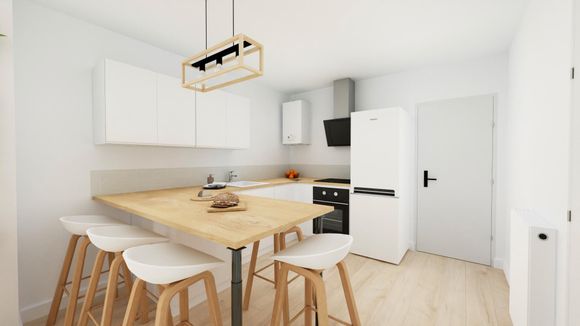 Example 3D plan of small bright scandinavian l-shaped kitchen