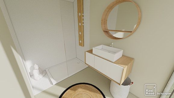 Ejemplo de plano de baño zen de madera en 3D