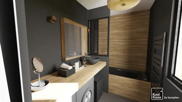 Idée salle de bain noir et bois 3D 1