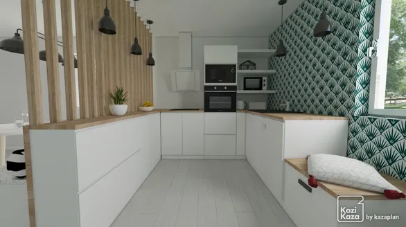 Idée cuisine en U blanche et bois scandinave 3D 1