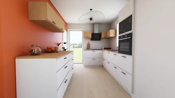 Example 3D plan of scandinavian open kitchen white and wood