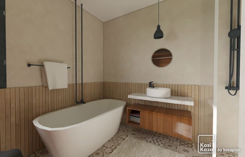 Idea de baño en madera y beige en 3D