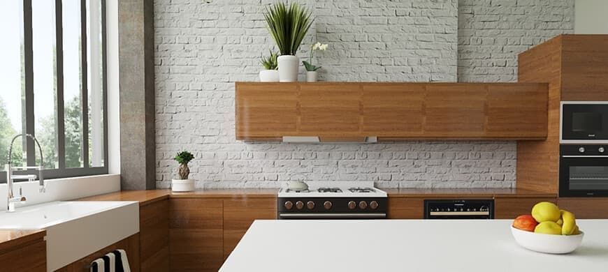 Idea en 3D para cocinas en L en blanco y con madera moderna y sensación de cuarto abierto