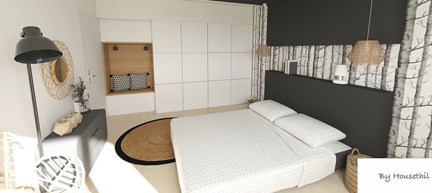 Rangements intégrés avec niche dans une chambre noire et blanche en rendu 3D